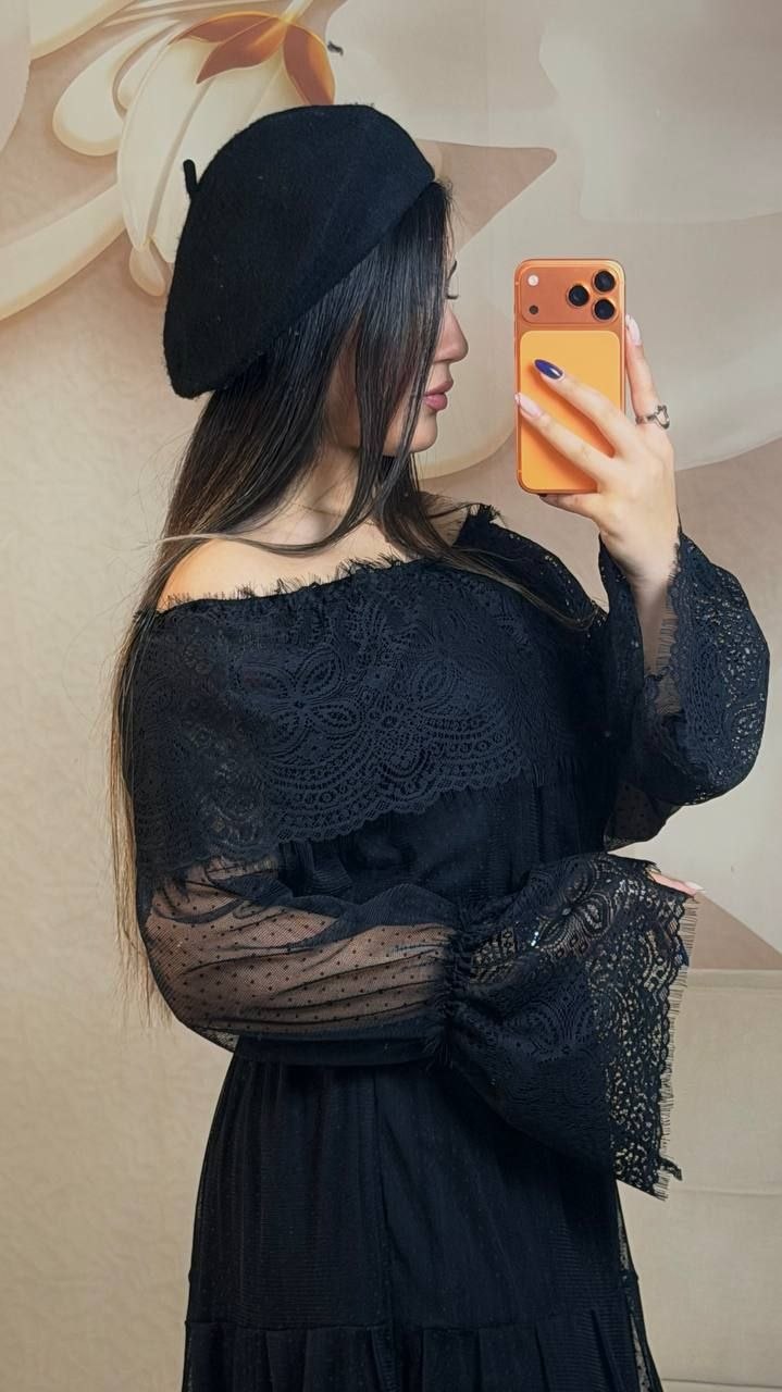 پیراهن  گیپوری مشکی بلند کد ۳۲۴۵